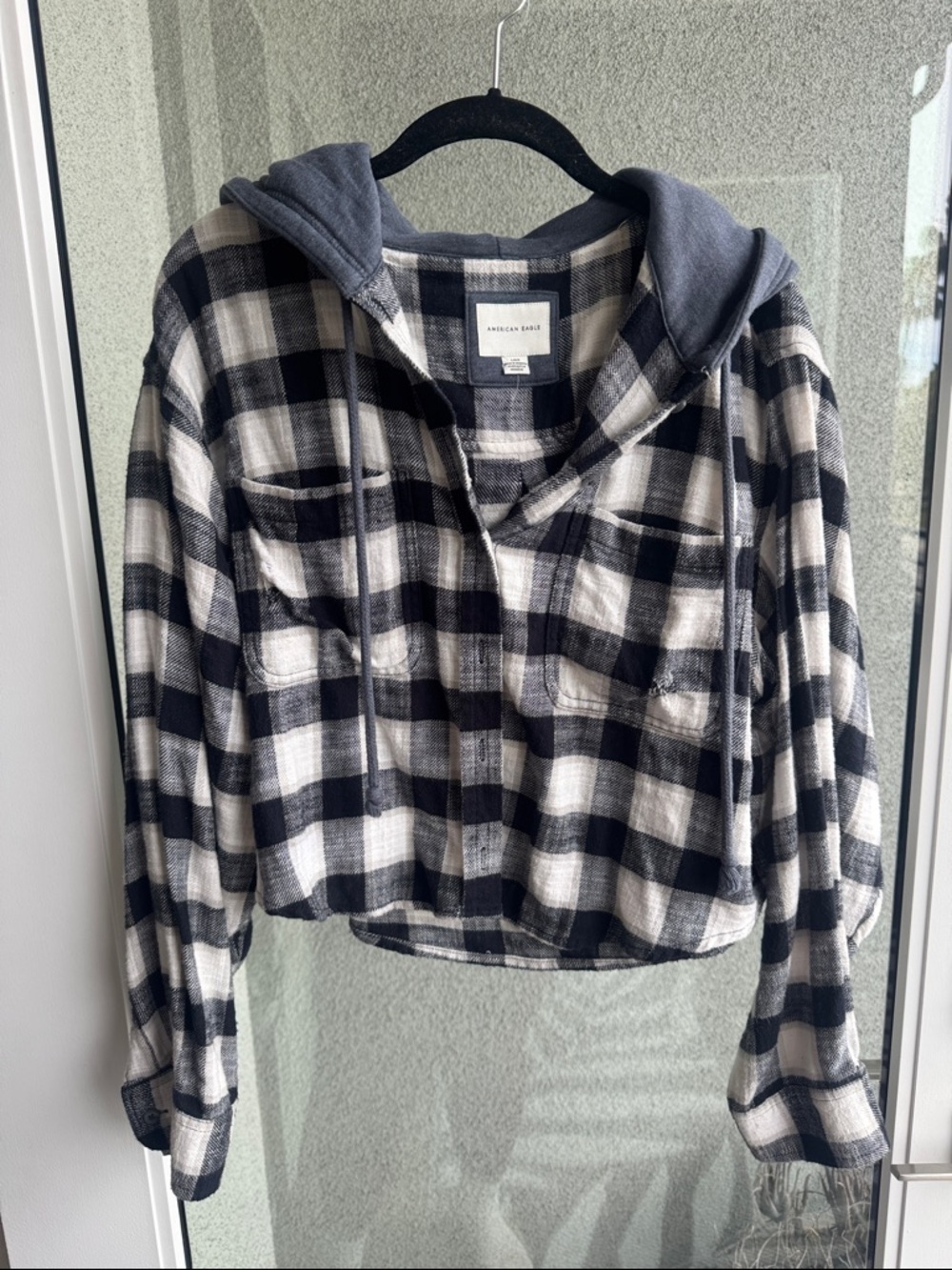 American Eagle Outfitters Girls Black and White Plaid Hooded Button-Down